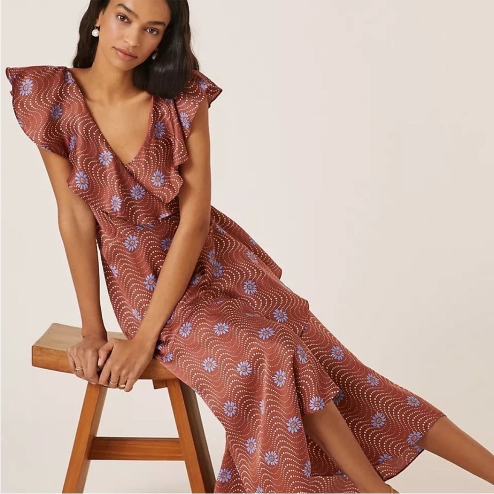 By Anthropolgie Ruffle-Sleeve Printed-Wrap Maxi Dress New Size Medium - Picture 1 of 12